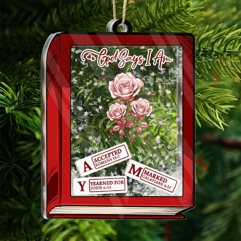 Gift For Yourself, Gift For Women, Happy, Christian, Christmas - God Says I Am Toile De Jouy Birth Flower Book Shape - Personalized 3-Layered Acrylic Shaker Ornament
