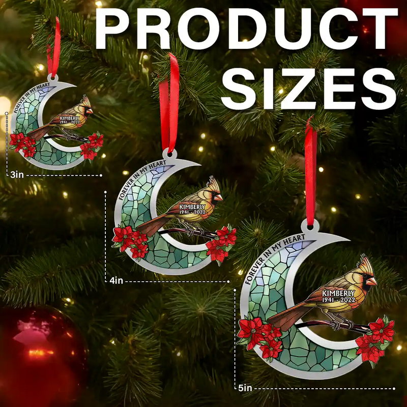 Family,Memorial,Christmas,Love - Memorial Cardinal Stained Glass Moon - Personalized Metal Ornament