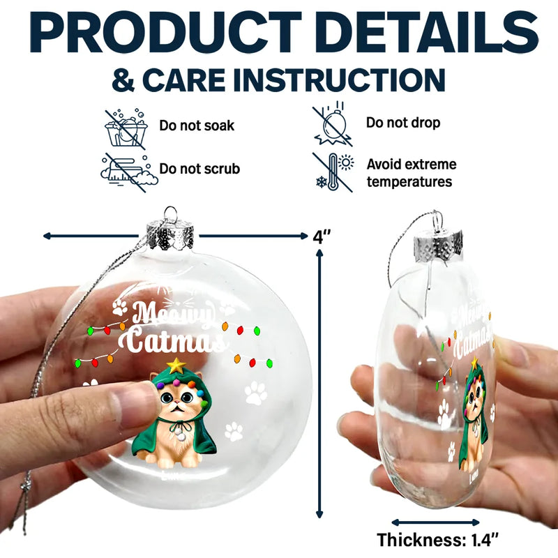 Cat Lovers, Christmas, Funny - Meowy Catmas Funny 3D Effect Cats - Personalized Clear Flat Ball Ornament