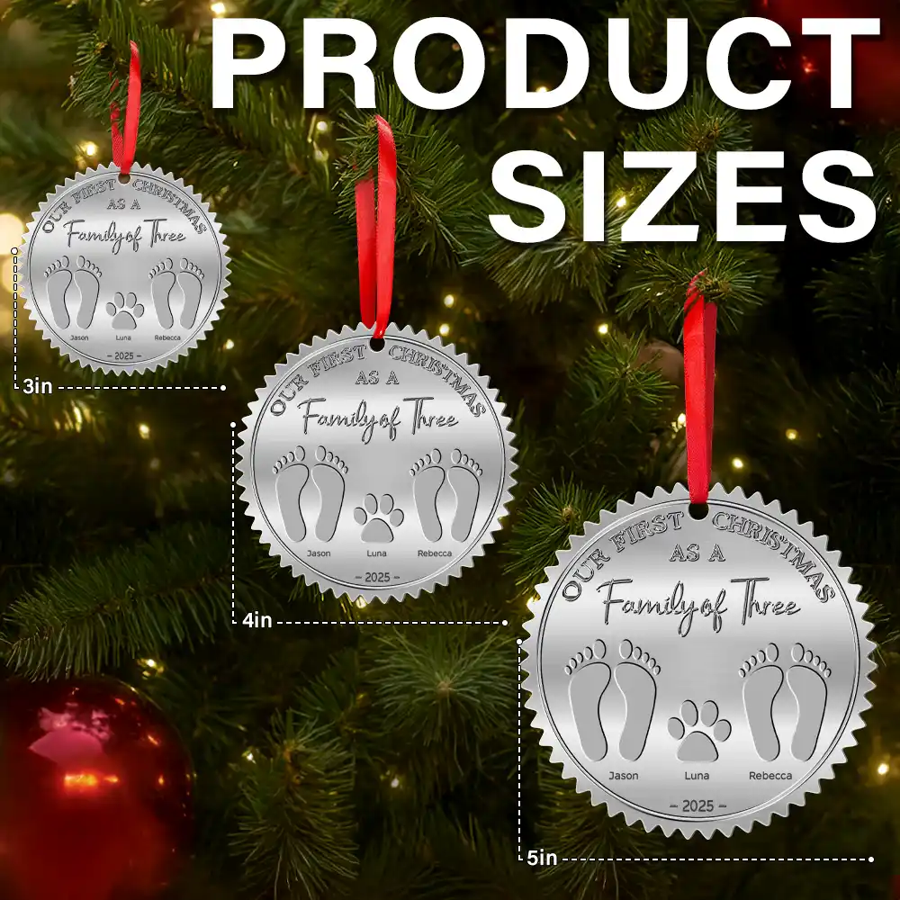 Family,Parents,Happy - First Christmas As A Family Of Four Footprints - Personalized Metal Ornament