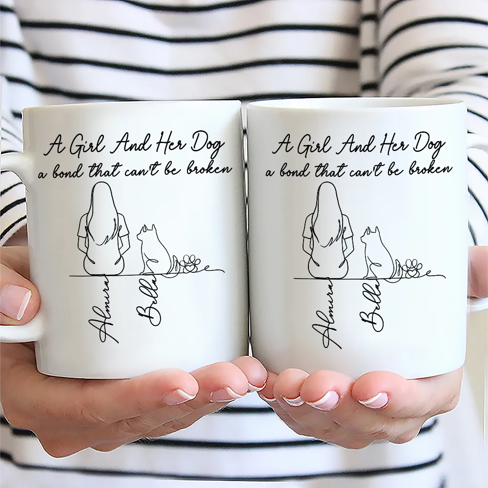 Pet Lovers,Pet Mom,Pet Dad,Dog Lovers,Dog Mom,Dog Dad,Happy - A Bond That Can't Be Broken Woman Man Line Art - Personalized Mug