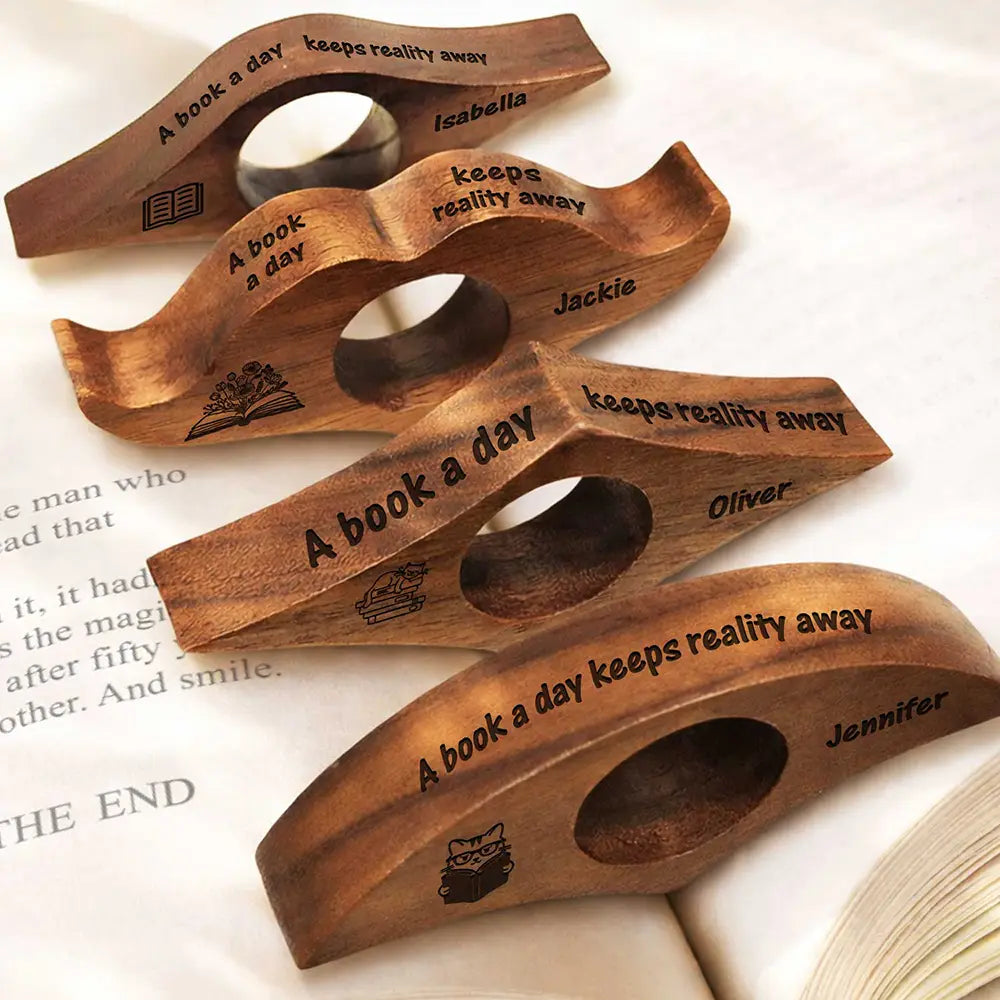 A Book A Day Keeps Reality Away - Personalized Walnut Book Page Holder