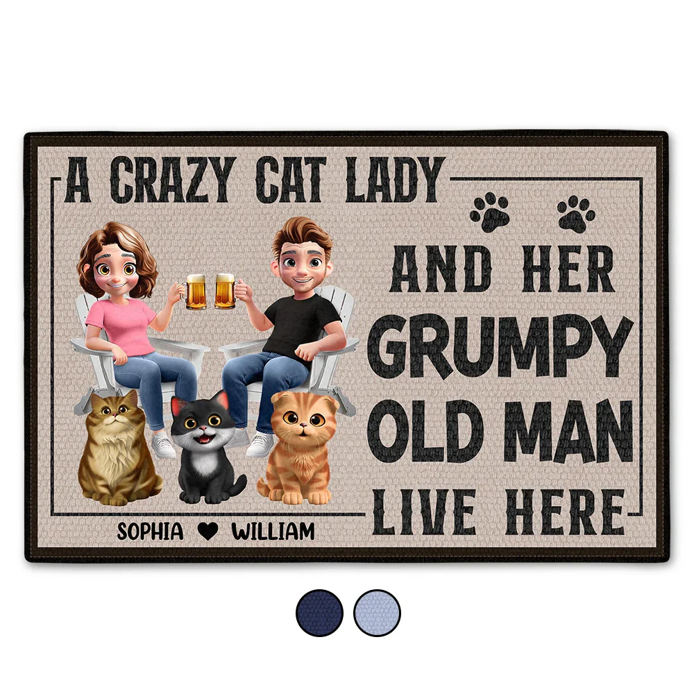 Funny, Pet Lovers, Old Couples, Gift For Couples, Cat Lovers, Cat Couple - A Crazy Cat Lady And Her Grumpy Old Man Live Here Funny Decor - Personalized Doormat