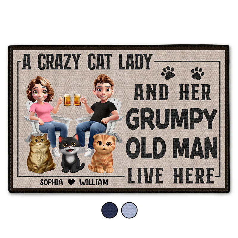 Funny, Pet Lovers, Old Couples, Gift For Couples, Cat Lovers, Cat Couple - A Crazy Cat Lady And Her Grumpy Old Man Live Here Funny Decor - Personalized Doormat