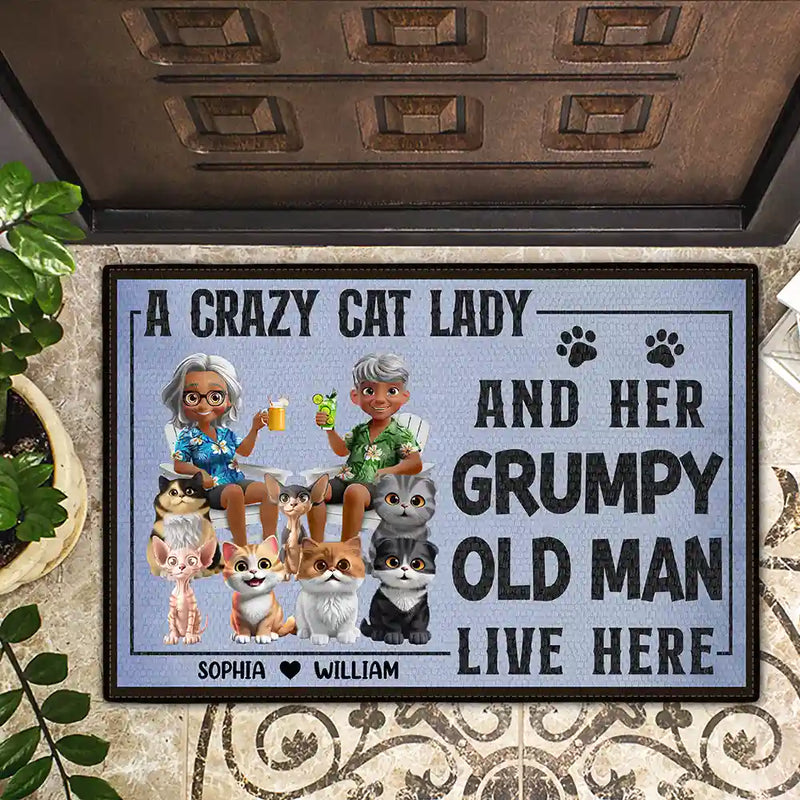 Funny, Pet Lovers, Old Couples, Gift For Couples, Cat Lovers, Cat Couple - A Crazy Cat Lady And Her Grumpy Old Man Live Here Funny Decor - Personalized Doormat
