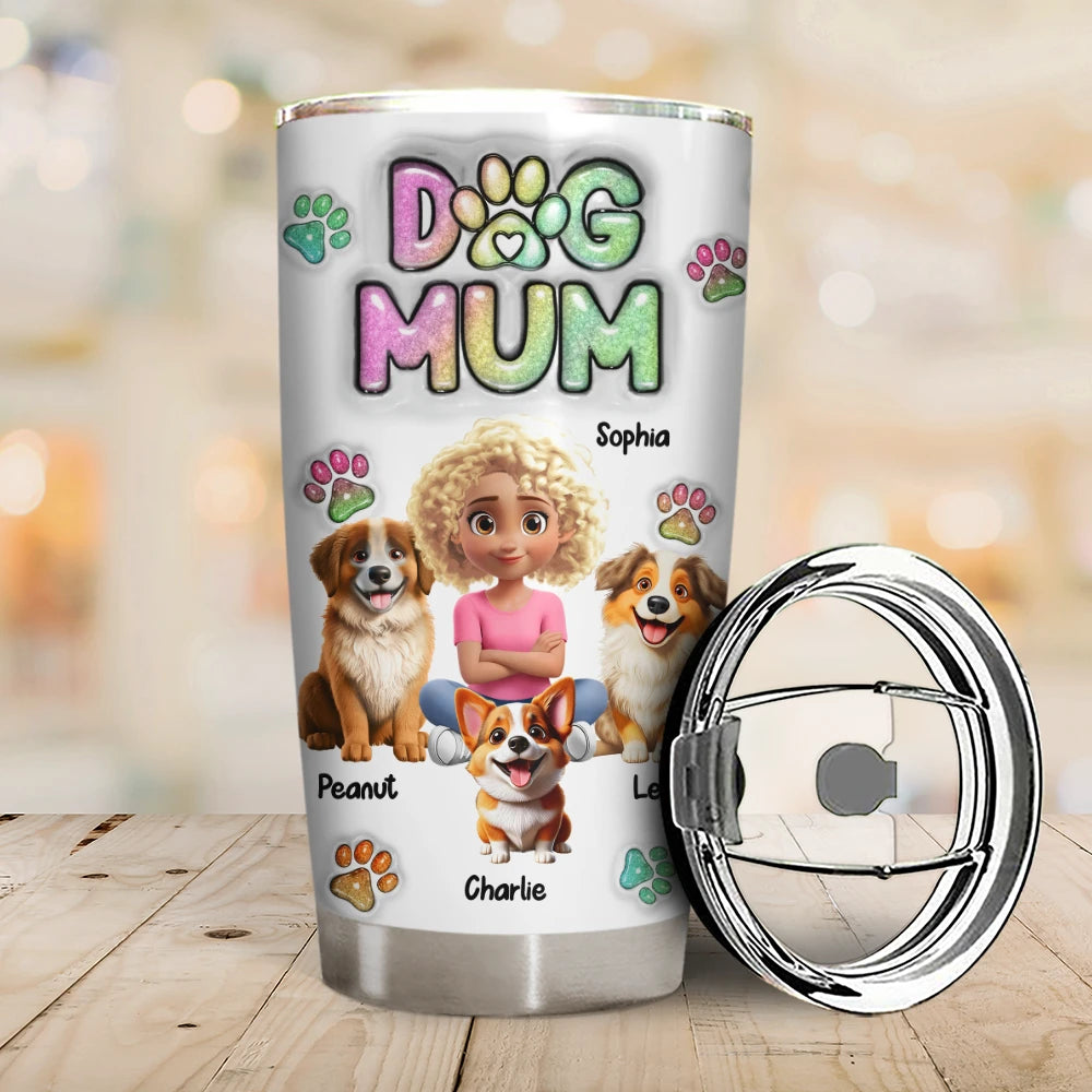 Pet Lovers,Pet Mom,Pet Dad,Dog Lovers,Dog Mom,Dog Dad,Happy,Non-Eng - Dog Mom Dog Dad Sitting - 3D Inflated Effect Printed Tumbler, Personalized Tumbler