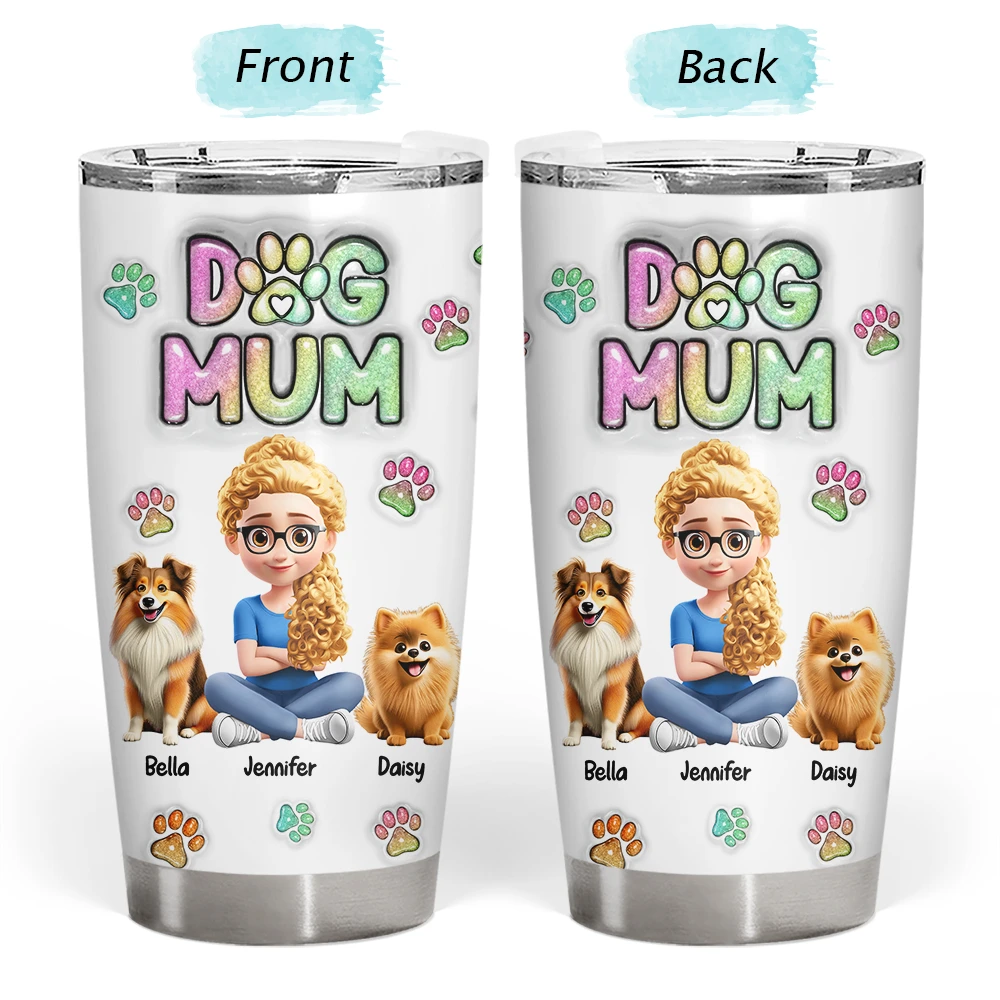 Pet Lovers,Pet Mom,Pet Dad,Dog Lovers,Dog Mom,Dog Dad,Happy,Non-Eng - Dog Mom Dog Dad Sitting - 3D Inflated Effect Printed Tumbler, Personalized Tumbler