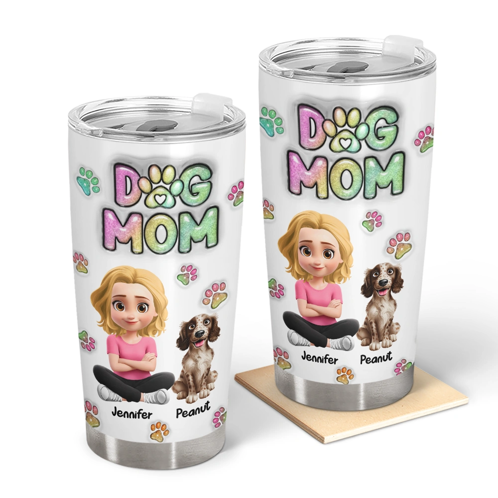 Pet Lovers,Pet Mom,Pet Dad,Dog Lovers,Dog Mom,Dog Dad,Happy,Non-Eng - Dog Mom Dog Dad Sitting - 3D Inflated Effect Printed Tumbler, Personalized Tumbler