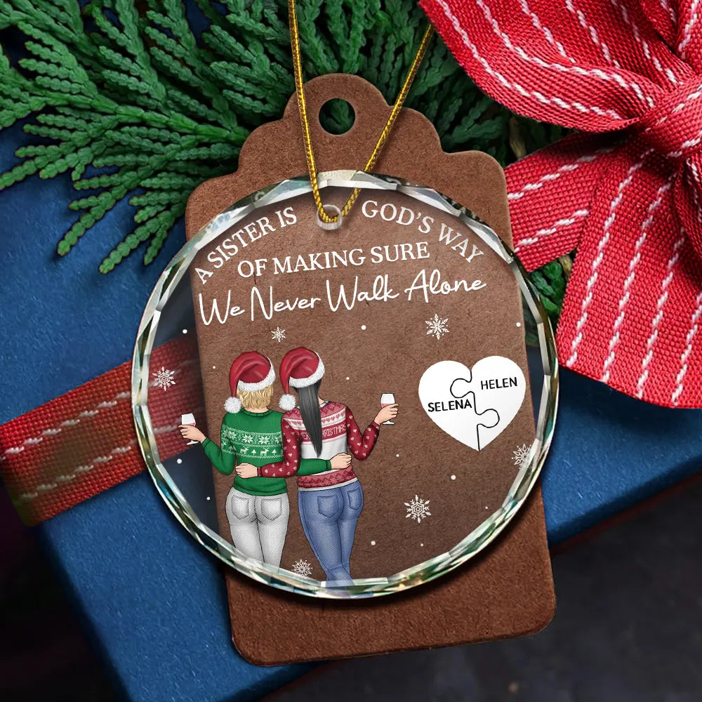 Christmas, Gift For Bestie, Happy - A Friend Is God's Way Of Making Sure We Never Walk Alone - Personalized Circle Glass Ornament