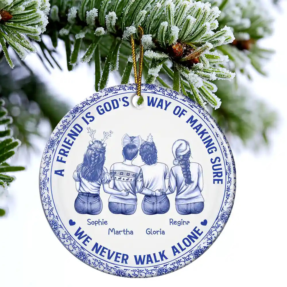 Gift For Bestie,Gift For Sisters,Christmas,Happy - A Friend Is God's Way Toile Besties - Personalized Circle Ceramic Ornament