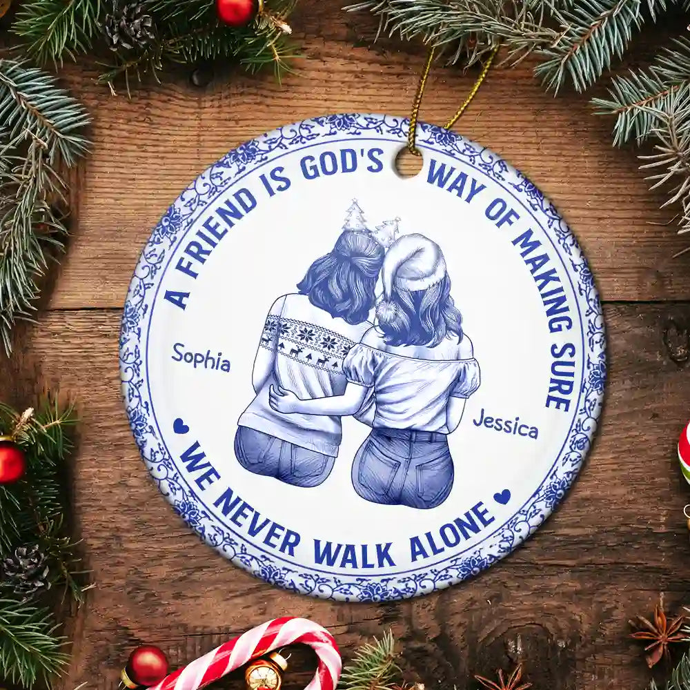 Gift For Bestie,Gift For Sisters,Christmas,Happy - A Friend Is God's Way Toile Besties - Personalized Circle Ceramic Ornament