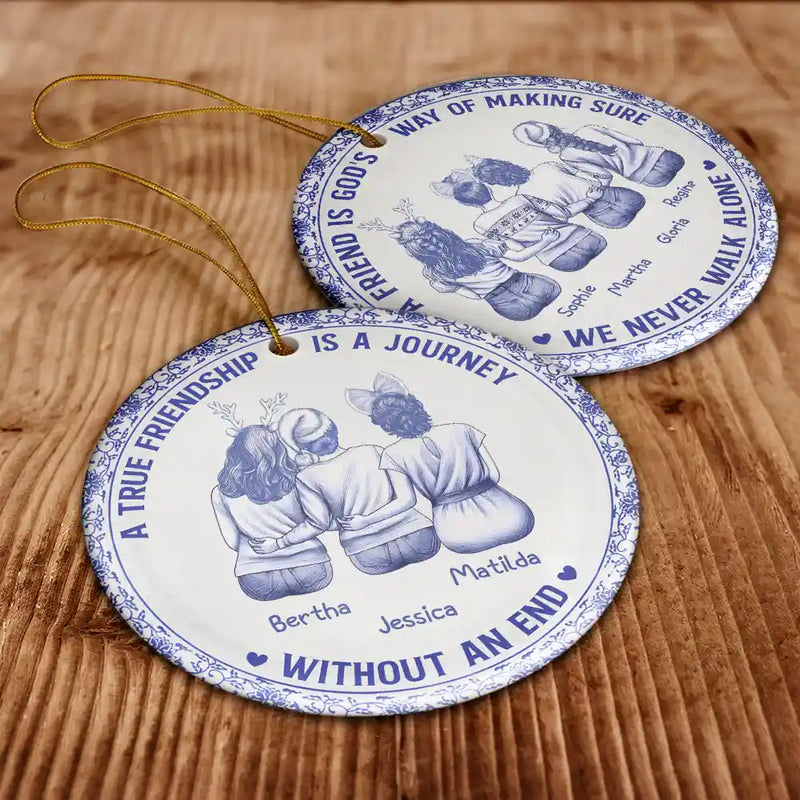 A Friend Is God's Way Toile Besties - Personalized Circle Ceramic Ornament
