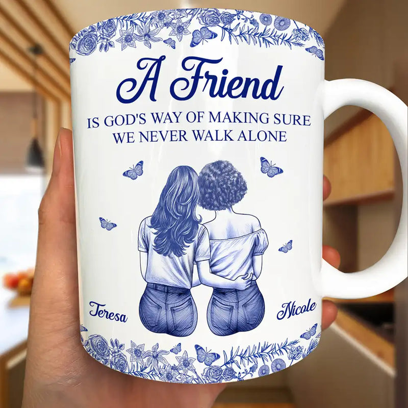 Gift For Bestie,Happy - A Friend Is God's Way Toile Pattern - Personalized White Edge-to-Edge Mug