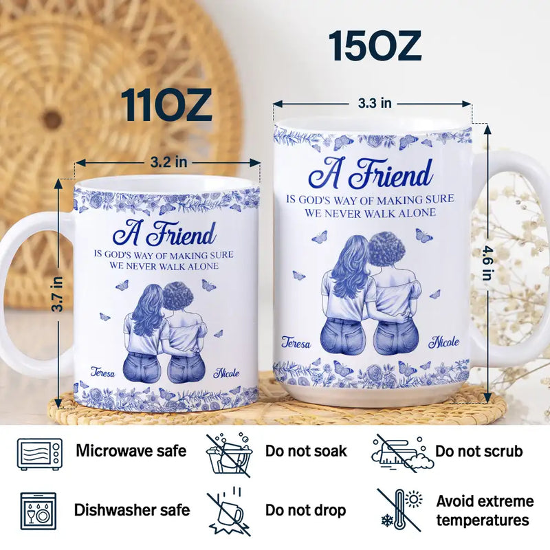 Gift For Bestie,Happy - A Friend Is God's Way Toile Pattern - Personalized White Edge-to-Edge Mug