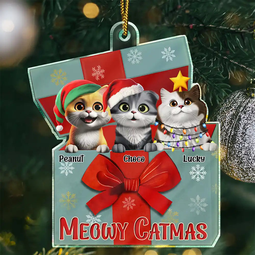 A Gift Box Of Cat 3D Effect Cats Meowy Catmas - Personalized Custom Shaped Acrylic Ornament