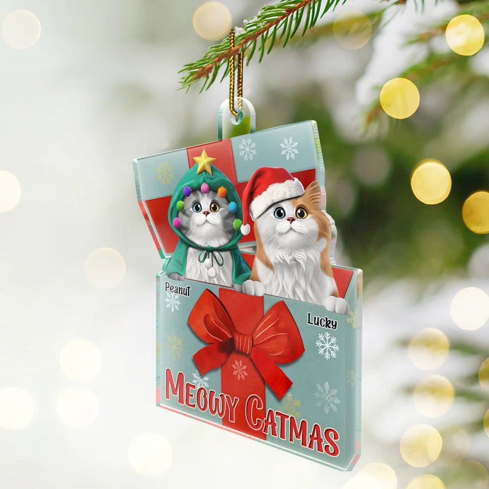 Cat Lovers,Cat Mom,Cat Dad,Happy,Christmas - A Gift Box Of Cat 3D Effect Cats Meowy Catmas - Personalized Custom Shaped Acrylic Ornament