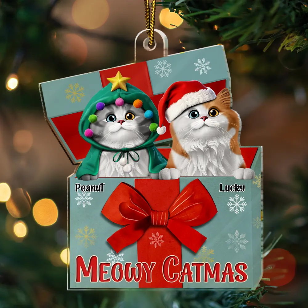 Cat Lovers,Cat Mom,Cat Dad,Happy,Christmas - A Gift Box Of Cat 3D Effect Cats Meowy Catmas - Personalized Custom Shaped Acrylic Ornament