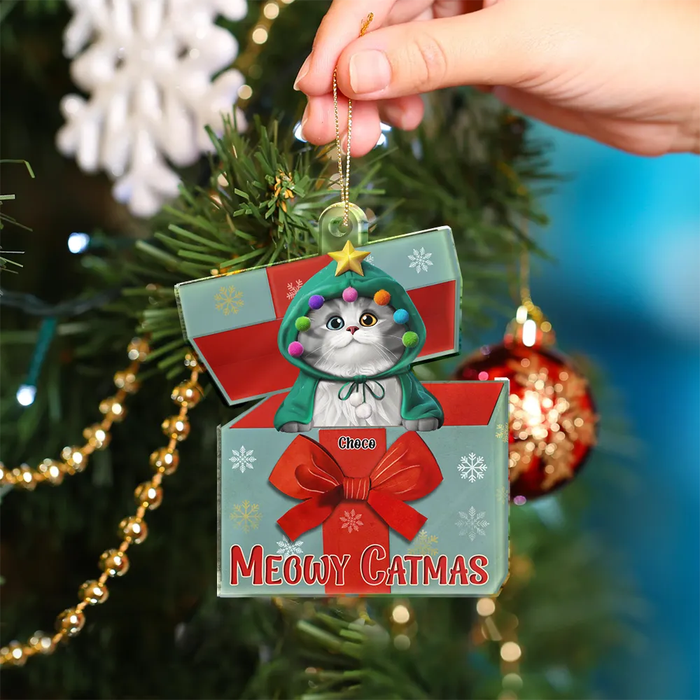 Cat Lovers,Cat Mom,Cat Dad,Happy,Christmas - A Gift Box Of Cat 3D Effect Cats Meowy Catmas - Personalized Custom Shaped Acrylic Ornament