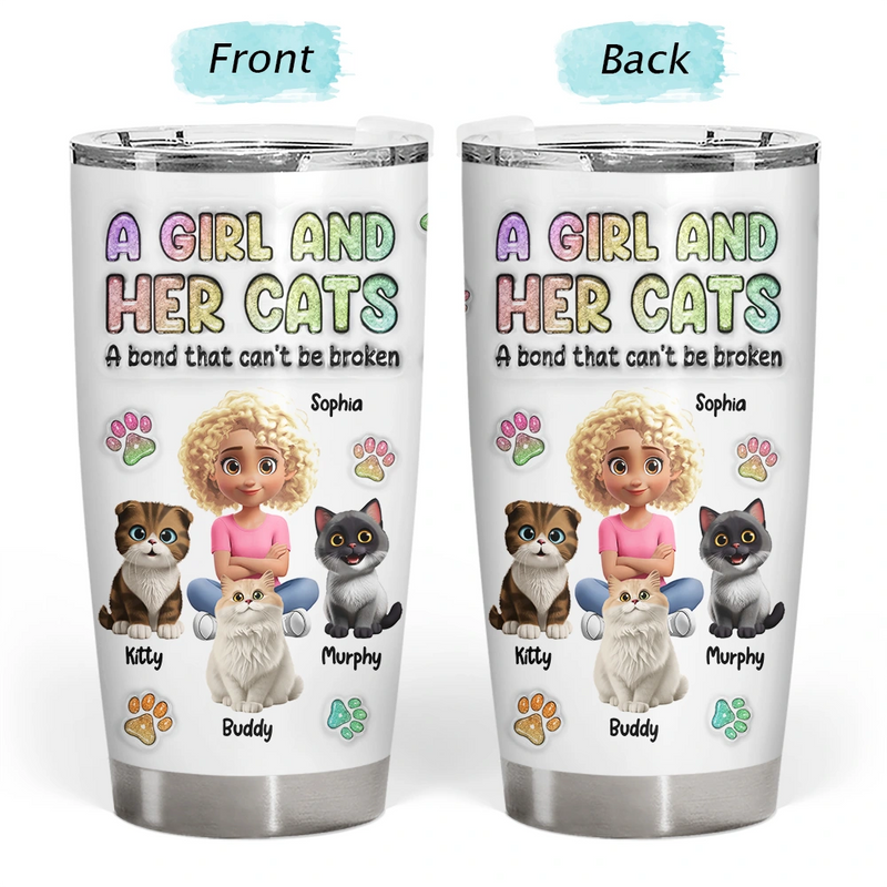 Pet Lovers, Pet Mom, Pet Dad, Cat Lovers, Cat Mom, Cat Dad, Happy - A Girl And Her Cat - 3D Inflated Effect Printed Tumbler, Personalized Tumbler