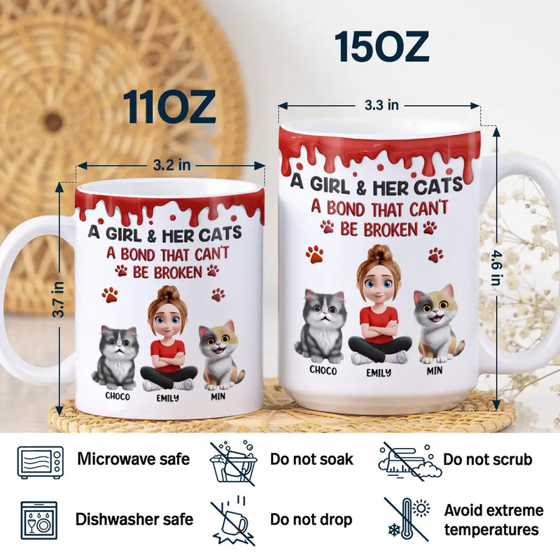 Cat Lovers, Cat Mom, Cat Dad, Pet Lovers, Happy - A Girl And Her Cat A Bond That Can't Be Broken - Personalized White Edge-to-Edge Mug