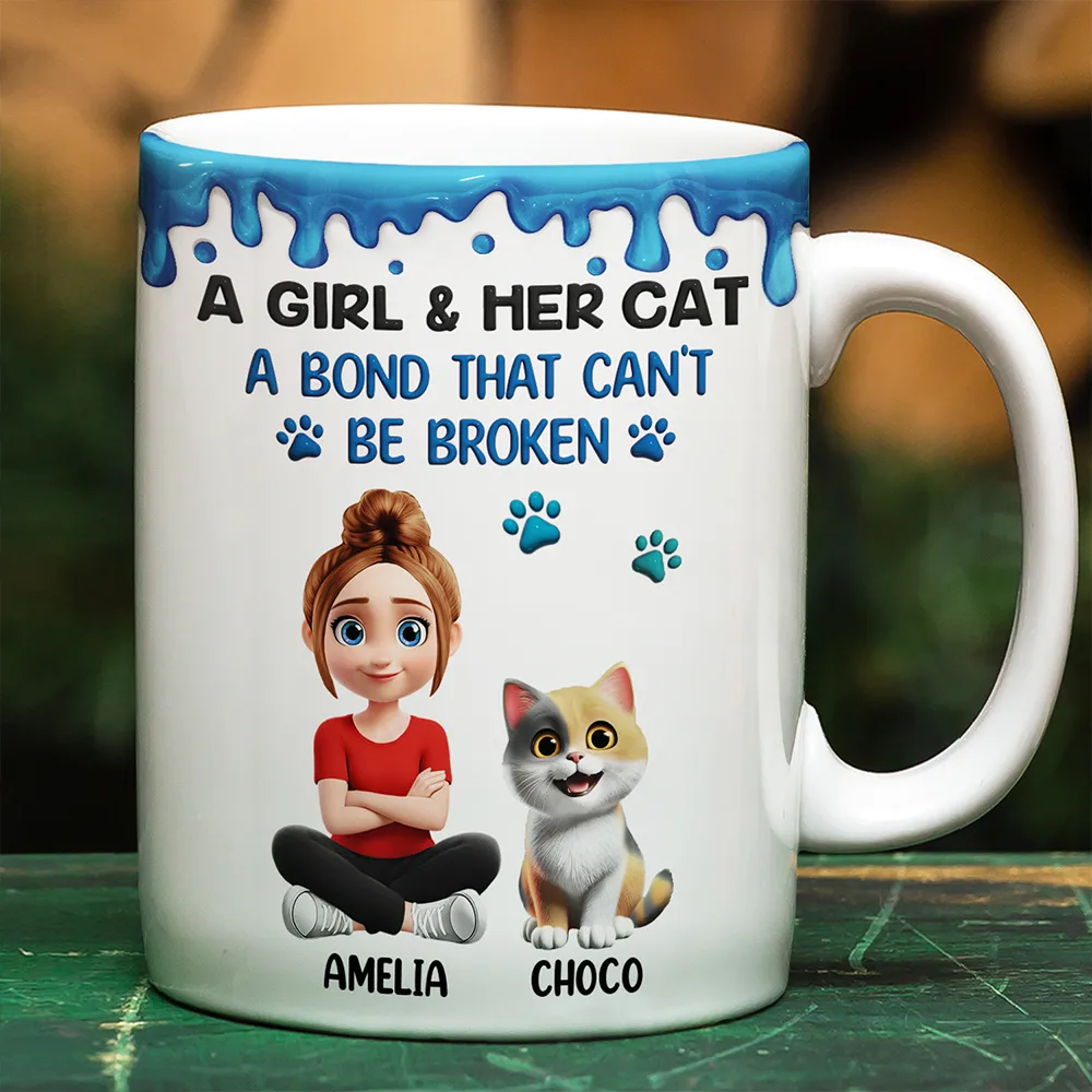 A Girl And Her Cat A Bond That Can't Be Broken - Personalized White Edge-to-Edge Mug
