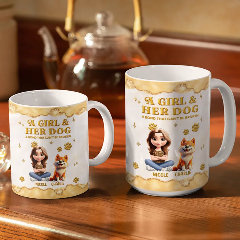 Dog Mom,Dog Lovers,Happy - A Girl And Her Dog A Bond Can't Be Broken Gold Effect - Personalized White Edge-to-Edge Mug