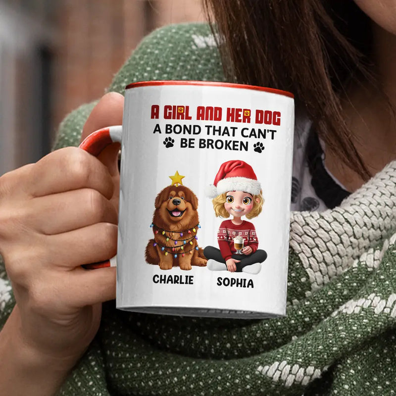 Pet Lovers,Pet Mom,Pet Dad,Dog Lovers,Dog Mom,Dog Dad,Happy,Christmas - A Girl And Her Dog A Bond That Can't Be Broken - Personalized Accent Mug