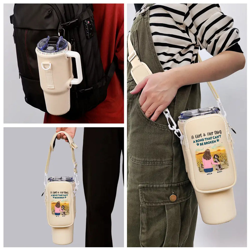 Pet Lovers, Pet Mom, Pet Dad, Dog Lovers, Dog Mom, Dog Dad, Happy - A Girl And Her Dog A Bond That Can't Be Broken - Personalized Bottle Carrier Bag