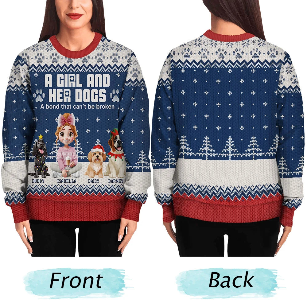 Christmas, Pet Lovers, Pet Mom, Pet Dad, Happy - A Girl And Her Dogs - Personalized Unisex Ugly Sweater