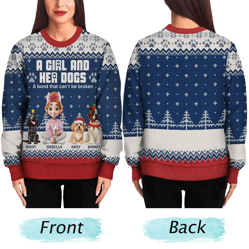 Christmas, Pet Lovers, Pet Mom, Pet Dad, Happy - A Girl And Her Dogs - Personalized Unisex Ugly Sweater