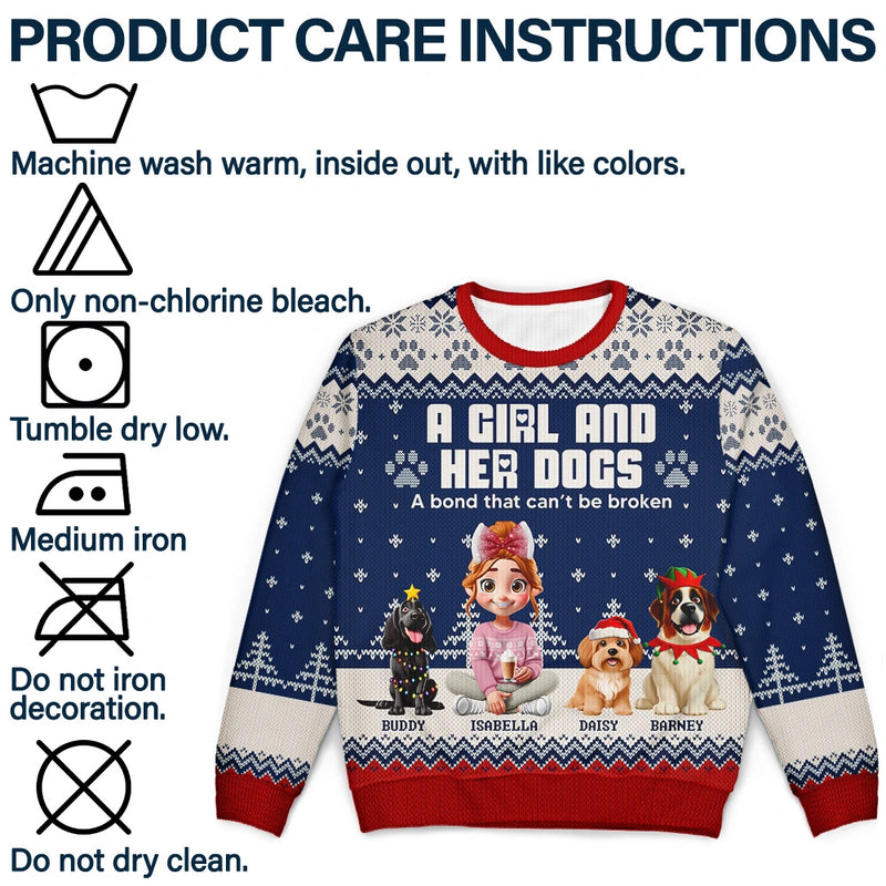 Christmas, Pet Lovers, Pet Mom, Pet Dad, Happy - A Girl And Her Dogs - Personalized Unisex Ugly Sweater