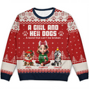 Christmas, Pet Lovers, Pet Mom, Pet Dad, Happy - A Girl And Her Dogs - Personalized Unisex Ugly Sweater