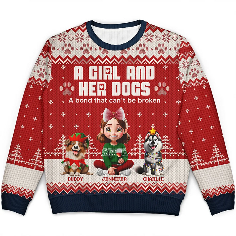 Christmas, Pet Lovers, Pet Mom, Pet Dad, Happy - A Girl And Her Dogs - Personalized Unisex Ugly Sweater