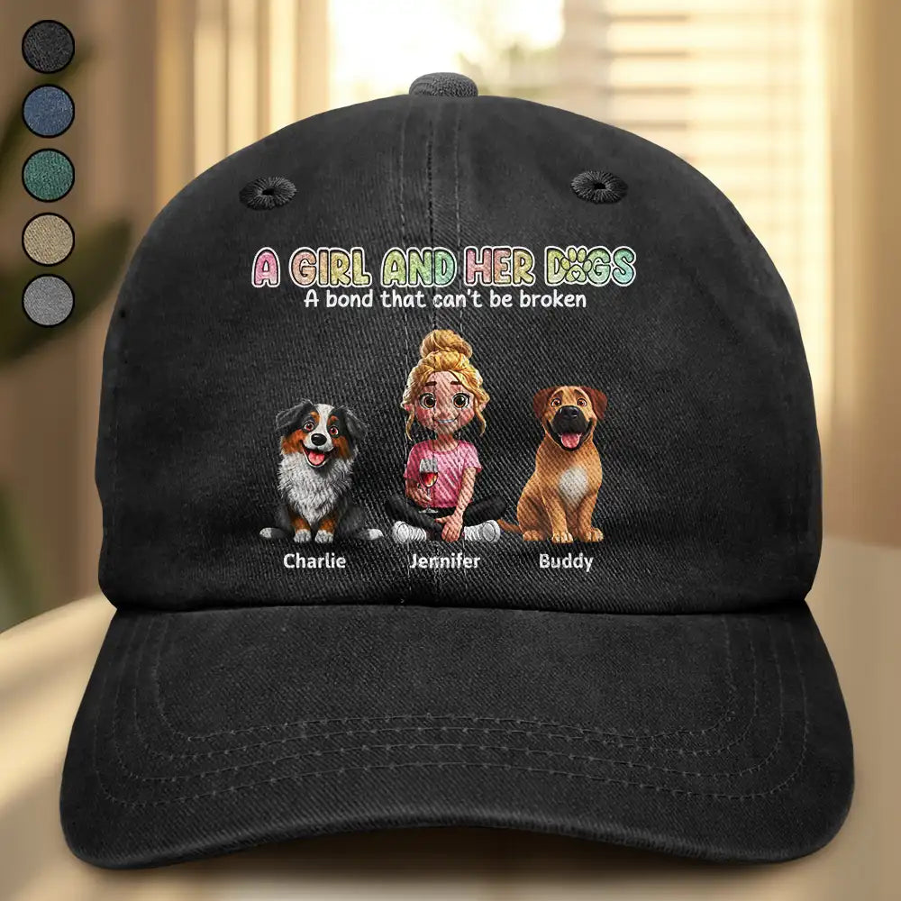 A Girl And Her Dogs - Personalized Vintage Washed Denim Cap