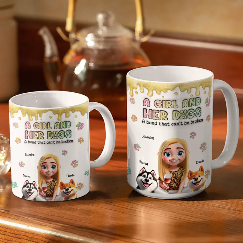 Dog Lovers,Dog Mom,Dog Dad,Happy - A Girl And Her Dogs 3D Effect Glitter - Personalized White Edge-to-Edge Mug