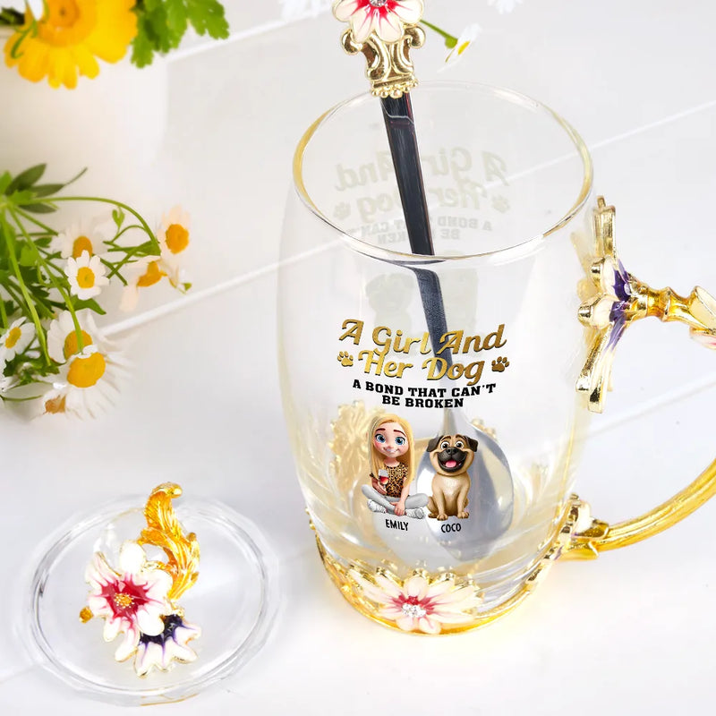 Pet Lovers,Pet Mom,Pet Dad,Dog Lovers,Dog Mom,Dog Dad - A Girl And Her Dogs A Bond That Can't Be Broken - Personalized Glass Flower Tea Cup