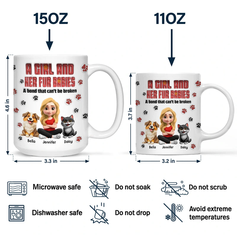 Pet Lovers, Pet Mom, Dog Lovers, Dog Mom, Cat Lovers, Cat Mom, Happy - A Girl And Her Fur Babies - 3D Inflated Effect Printed, Personalized Mug