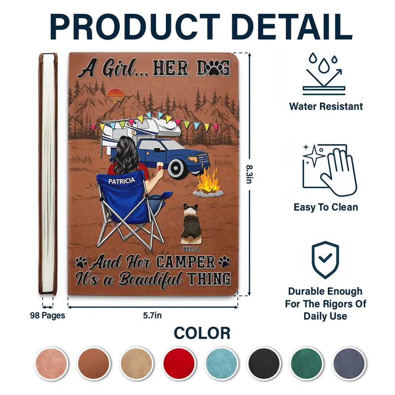 Camping,Campsite,Funny,Dog Lovers - A Girl Her Dogs Camping - Personalized Leather Journal