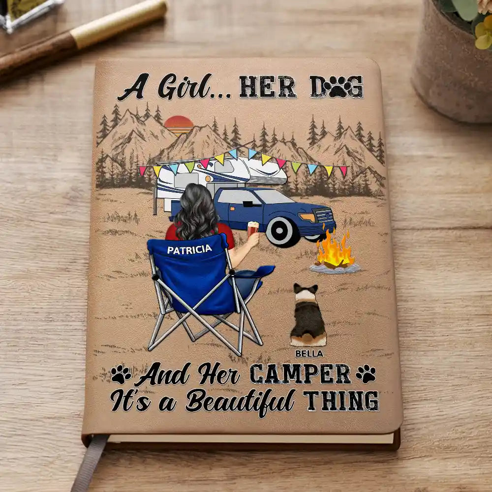 A Girl Her Dogs Camping - Personalized Leather Journal