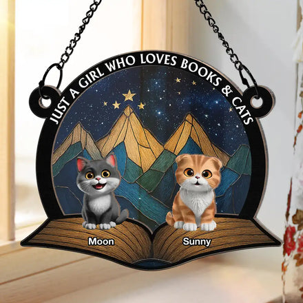 A Girl Who Loves Books & Cats - Personalized Window Hanging Suncatcher Ornament