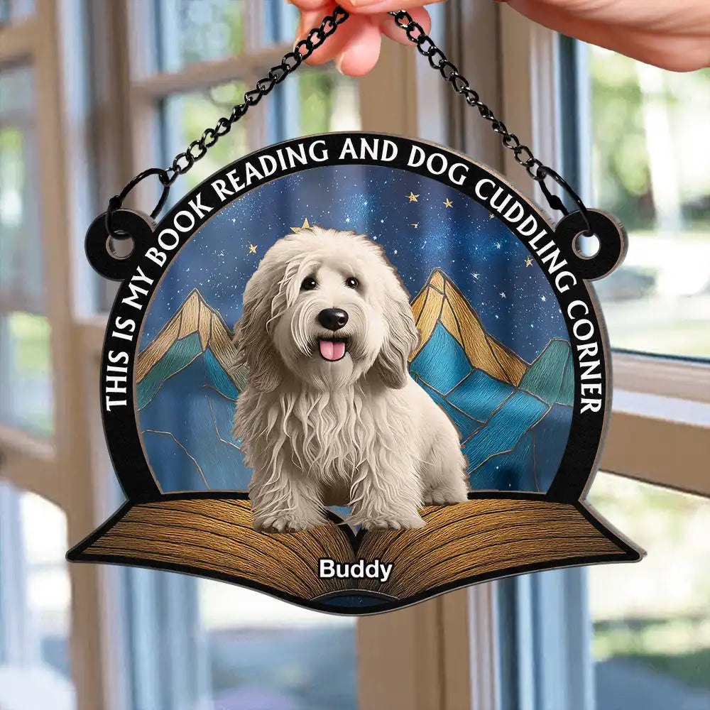 Reading, Cat Lovers, Pet Lovers, Happy - A Girl Who Loves Books & Cats - Personalized Window Hanging Suncatcher Ornament