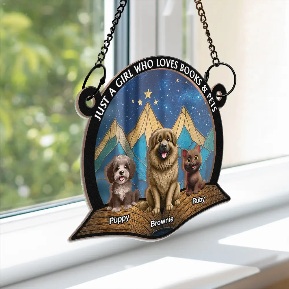 Reading, Cat Lovers, Pet Lovers, Happy - A Girl Who Loves Books & Cats - Personalized Window Hanging Suncatcher Ornament