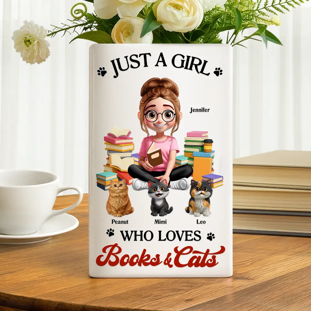 Gift For Women,Reading,Happy,Pet Lovers,Pet Mom,Dog Lovers,Dog Mom,Cat Lovers,Cat Mom,Gift For Yourself - A Girl Who Loves Books & Pets 3D Effect - Personalized Ceramic Book Vase