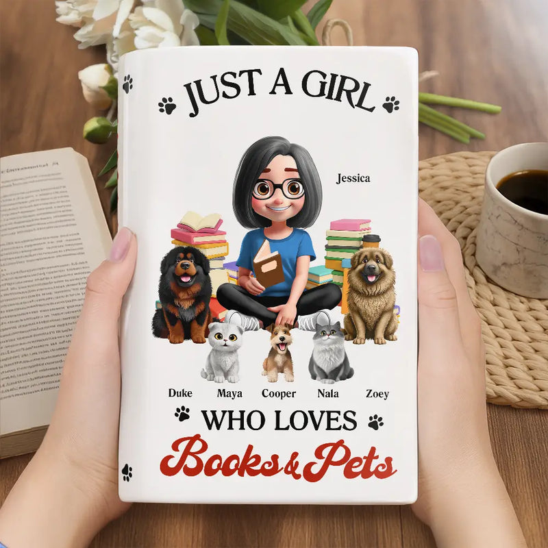 Gift For Women,Reading,Happy,Pet Lovers,Pet Mom,Dog Lovers,Dog Mom,Cat Lovers,Cat Mom,Gift For Yourself - A Girl Who Loves Books & Pets 3D Effect - Personalized Ceramic Book Vase
