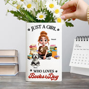 Gift For Women,Reading,Happy,Pet Lovers,Pet Mom,Dog Lovers,Dog Mom,Cat Lovers,Cat Mom,Gift For Yourself - A Girl Who Loves Books & Pets 3D Effect - Personalized Ceramic Book Vase