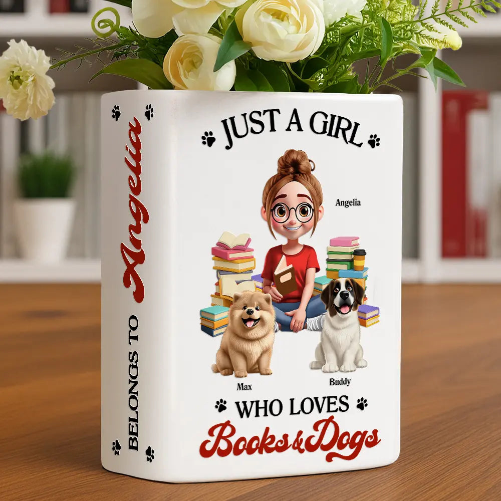 Gift For Women,Reading,Happy,Pet Lovers,Pet Mom,Dog Lovers,Dog Mom,Cat Lovers,Cat Mom,Gift For Yourself - A Girl Who Loves Books & Pets 3D Effect - Personalized Ceramic Book Vase