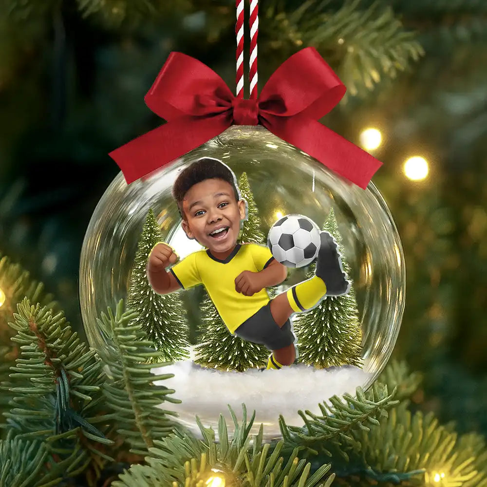 Gift For Kids,Custom Photo,Photo Hobby Ornament,Christmas,Happy - Custom Photo Kid Playing Football Soccer - Personalized 3D Acrylic Ball Ornament