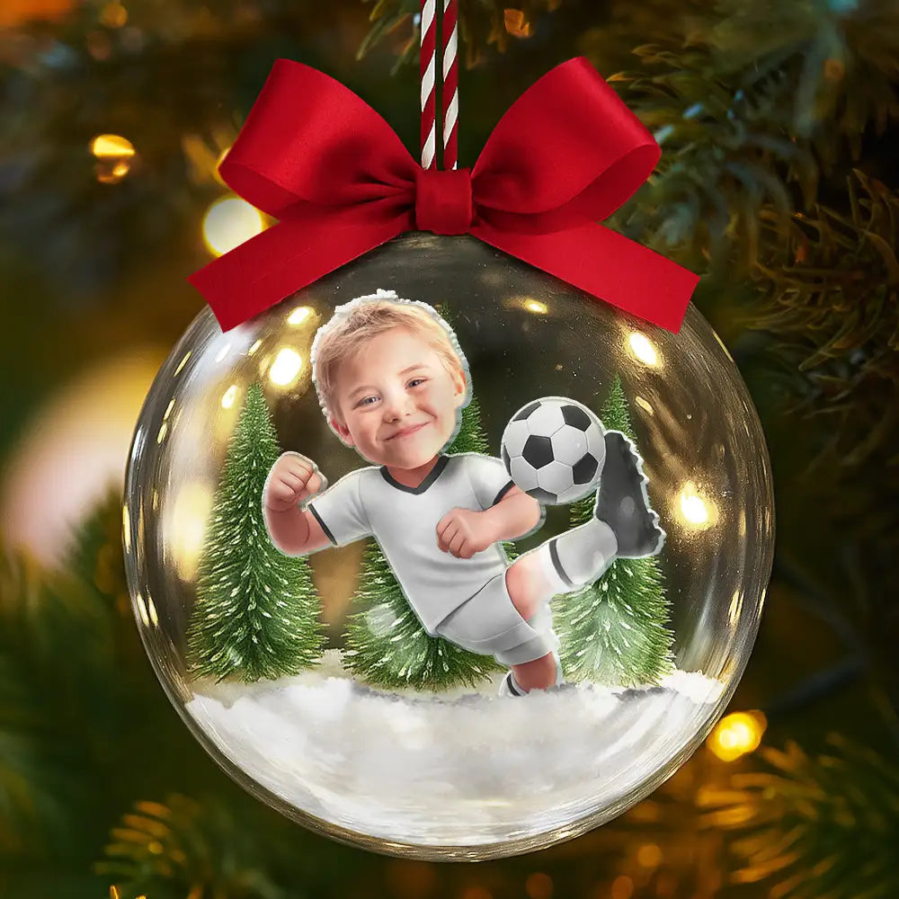Gift For Kids,Custom Photo,Photo Hobby Ornament,Christmas,Happy - Custom Photo Kid Playing Football Soccer - Personalized 3D Acrylic Ball Ornament