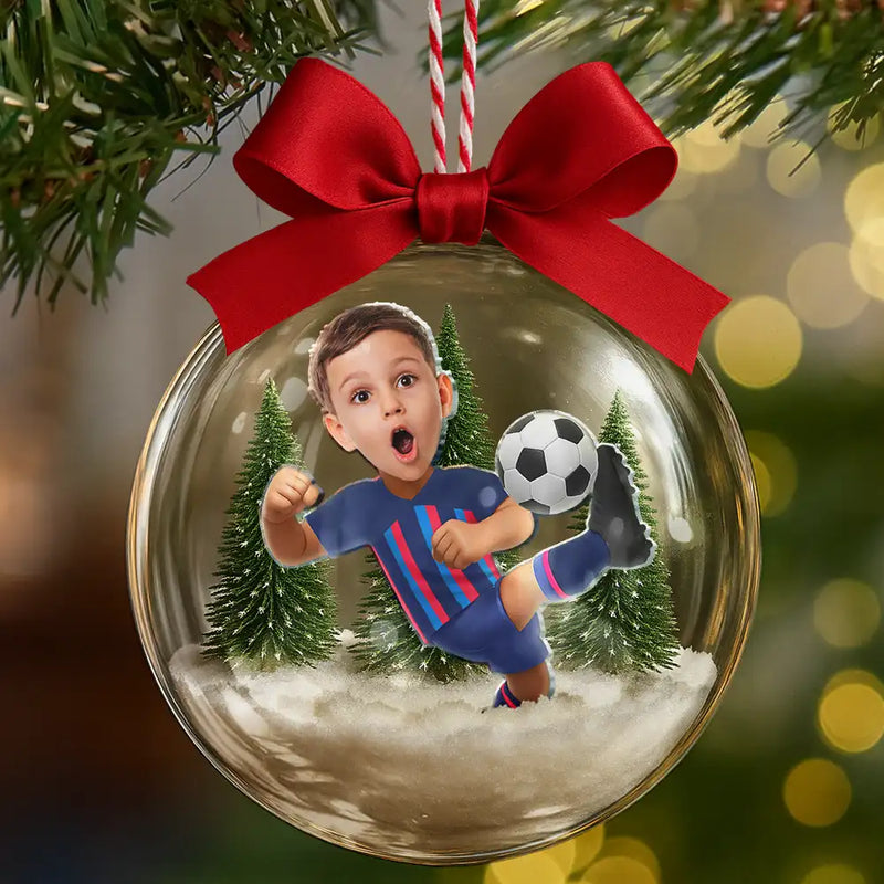 Gift For Kids,Custom Photo,Photo Hobby Ornament,Christmas,Happy - Custom Photo Kid Playing Football Soccer - Personalized 3D Acrylic Ball Ornament