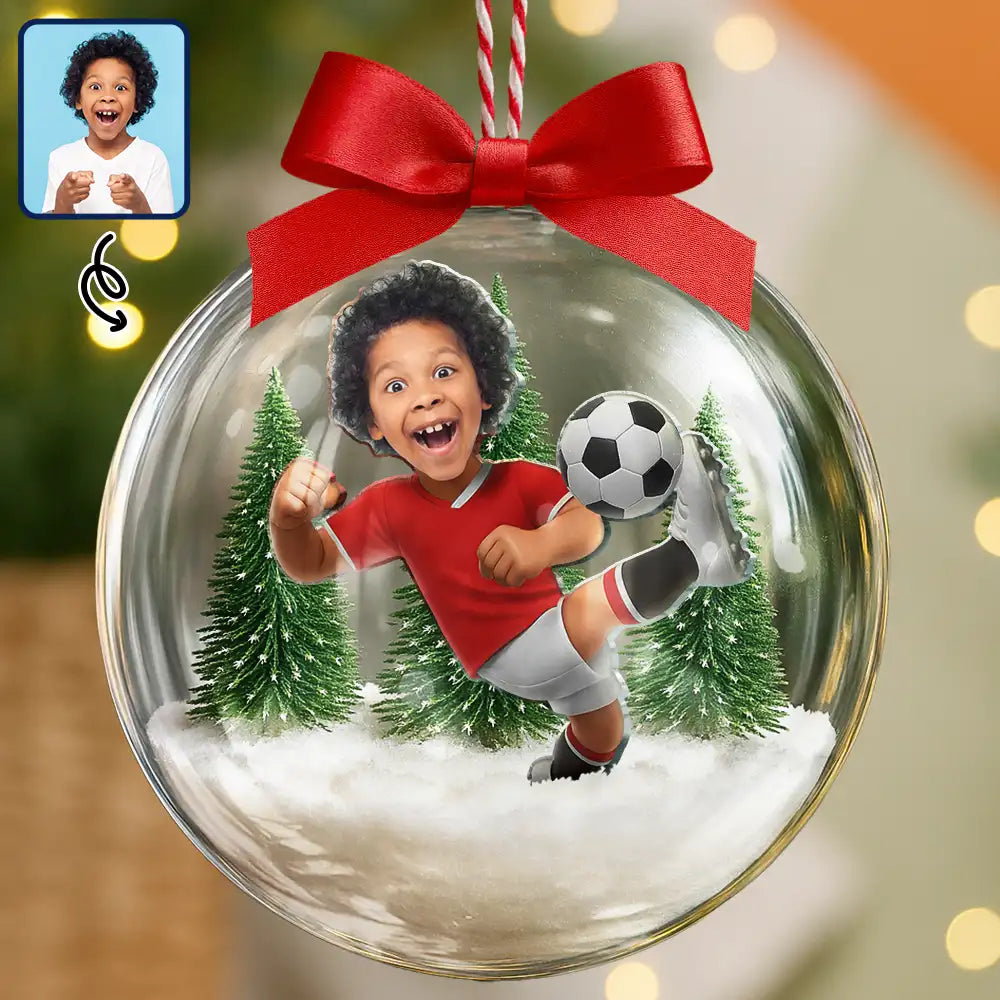 Custom Photo Kid Playing Football Soccer - Personalized 3D Acrylic Ball Ornament